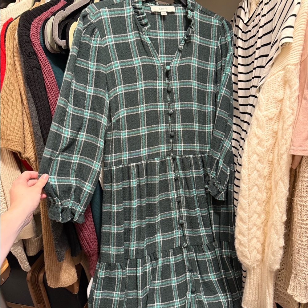 LOFT Green and Teal Plaid Button-Front Midi Dress